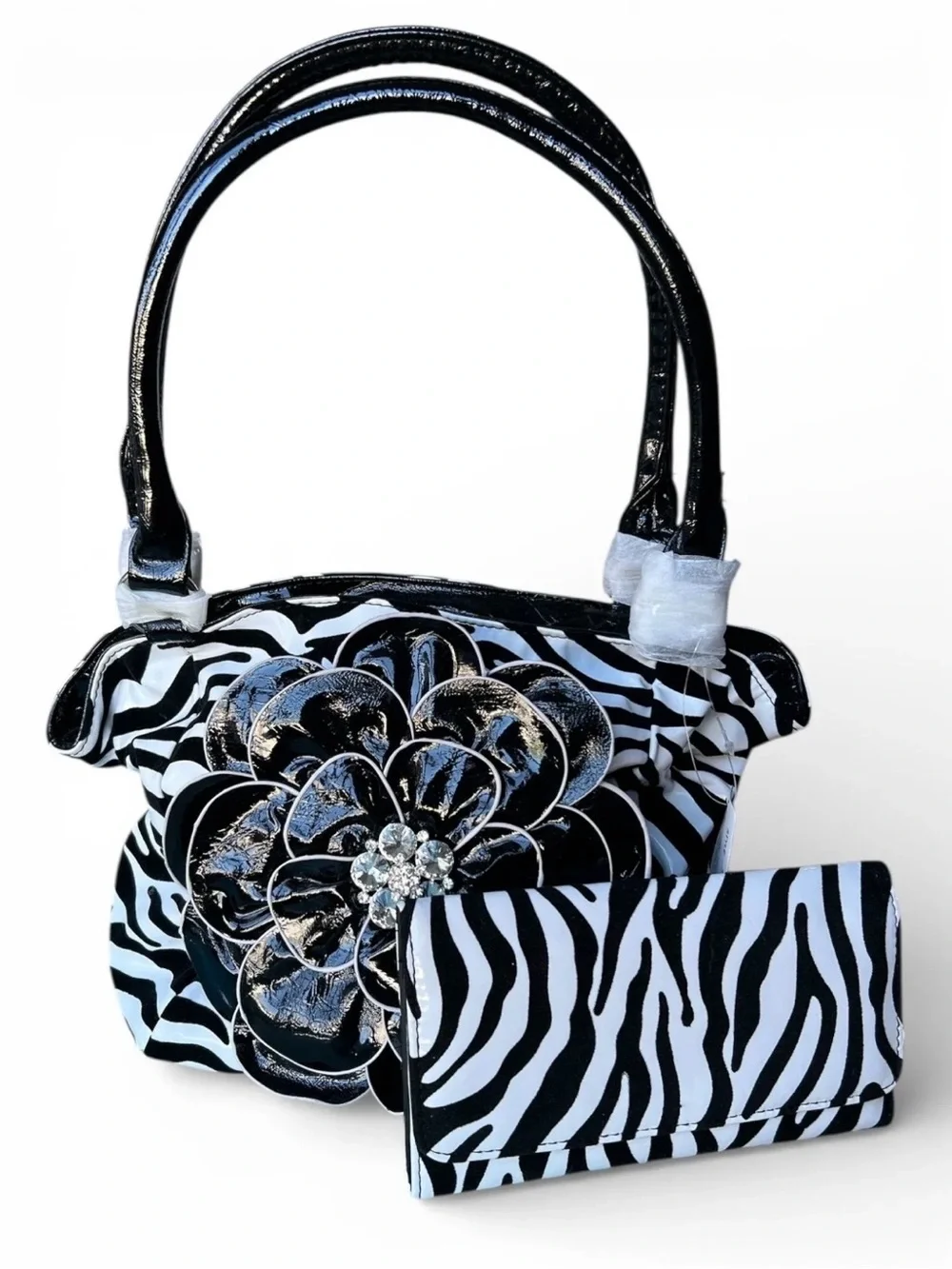Zebra-Print Black & White Floral Applique Satchel with Matching Wallet
